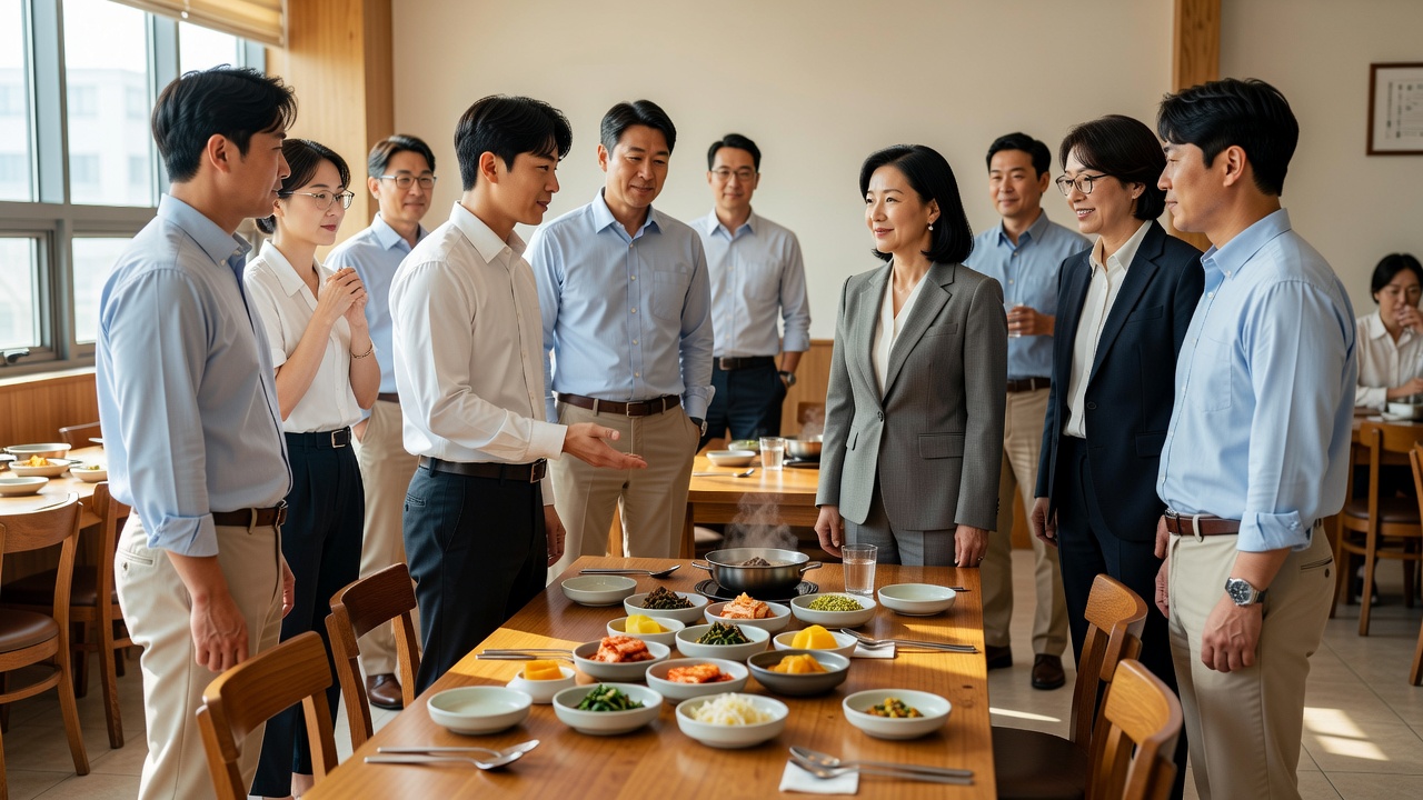 상사 의견 확인하며 식사 자리 배치하는 회사 동료들