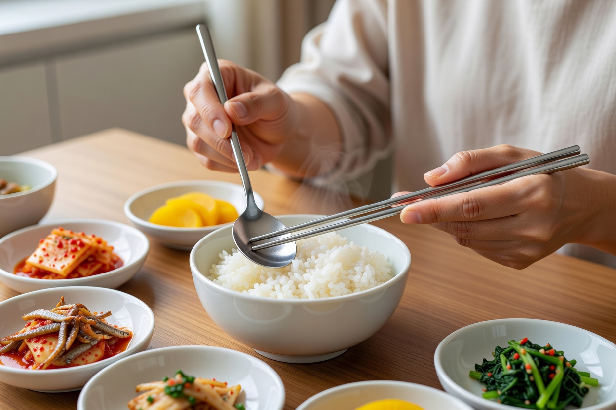 테이블 매너에서 젓가락과 숟가락을 올바르게 사용하는 순서의 기본 원칙을 보여주는 사진