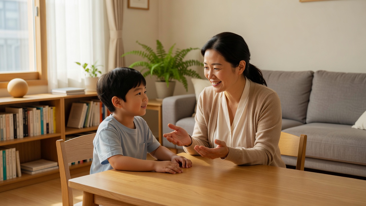 가정에서 아이와 함께하는 기본 예절의 중요성을 보여주는 가족 장면