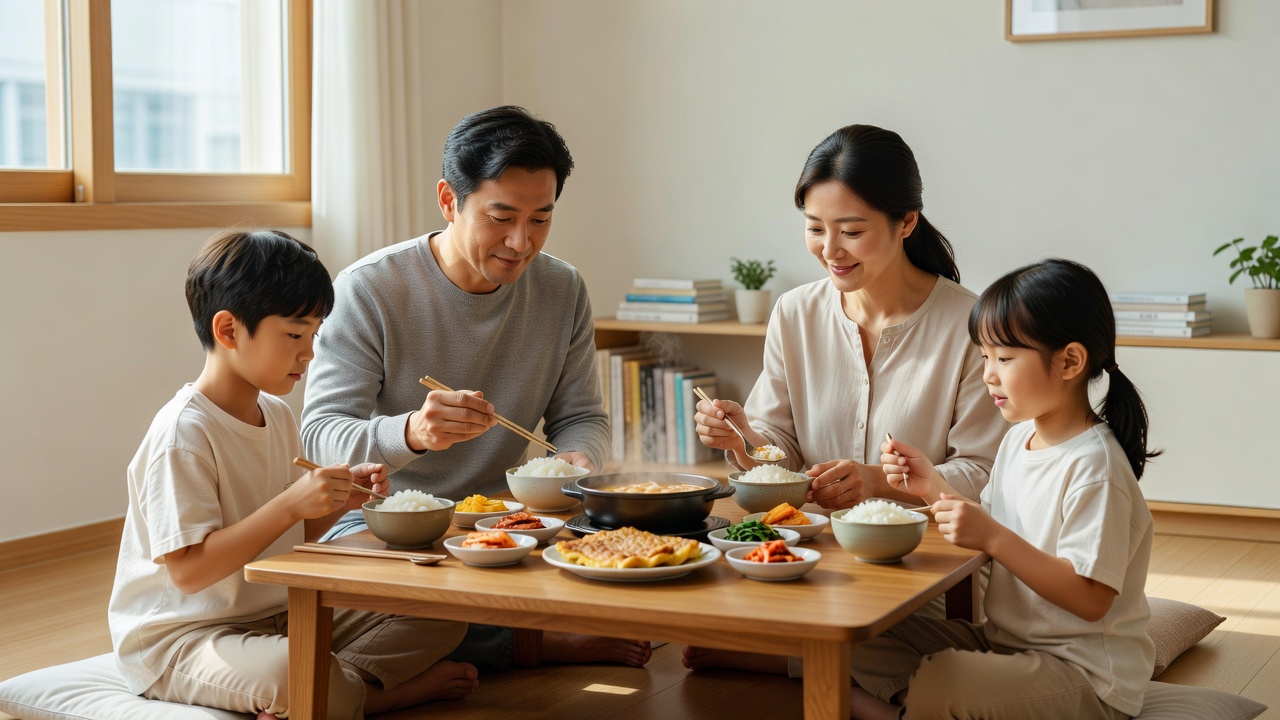 테이블 매너를 다루는 목차 섹션에 어울리는 한국 가정의 식사 장면